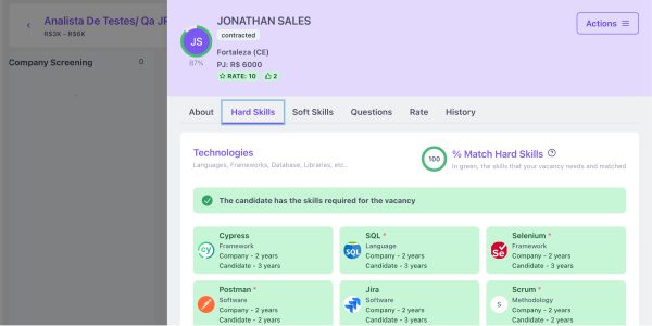 Perfil do candidato na pagina Hard Skills