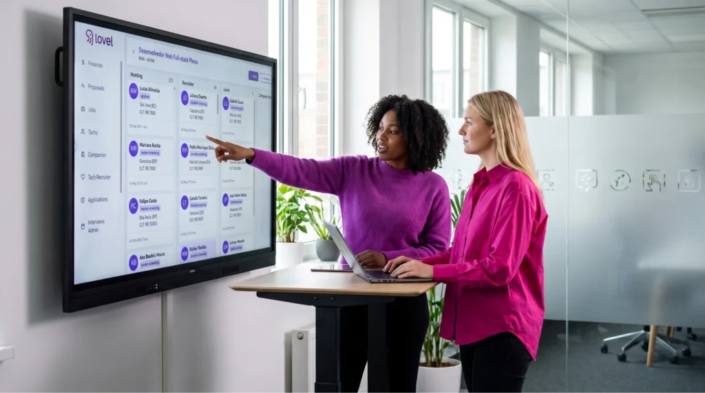 Uma especialista em talent acquisition (em roxo) aponta para um grande dashboard interativo da Lovel, 'hire tech talents', detalhando métricas do pipeline como 'Hiring Speed Progress' (Velocidade de Contratação) e volumes de candidaturas para uma colega (em rosa) com um laptop. O dashboard exibe dados como 'Number of Candidates' (410) e 'Approved Candidates' (8964), fundamentais para um recrutamento escalável e a redução do time to hire. A cena se passa em um escritório moderno, ilustrando o uso de dados e tecnologia (ATS) no processo seletivo de uma consultoria de recrutamento especializado, focado em vagas tech para startups e fortalecimento do employer branding. No fundo, um ambiente de trabalho aberto sugere uma cultura organizacional de crescimento acelerado.