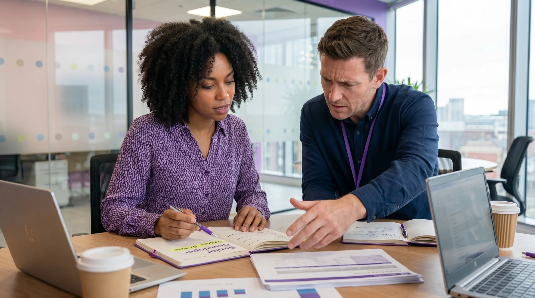 Uma profissional de talent acquisition e um gestor de uma consultoria de recrutamento tech analisam juntos um caderno com anotações sobre faixas salariais para desenvolvedor sênior. Sentados em uma mesa de escritório com laptops e relatórios impressos, eles discutem o benchmark salarial tech. A cena ilustra etapas estratégicas de headcount planning e workforce planning, fundamentais na criação de um plano de contratação competitivo para garantir a retenção de talentos e reduzir o turnover em startups do mercado de tecnologia.