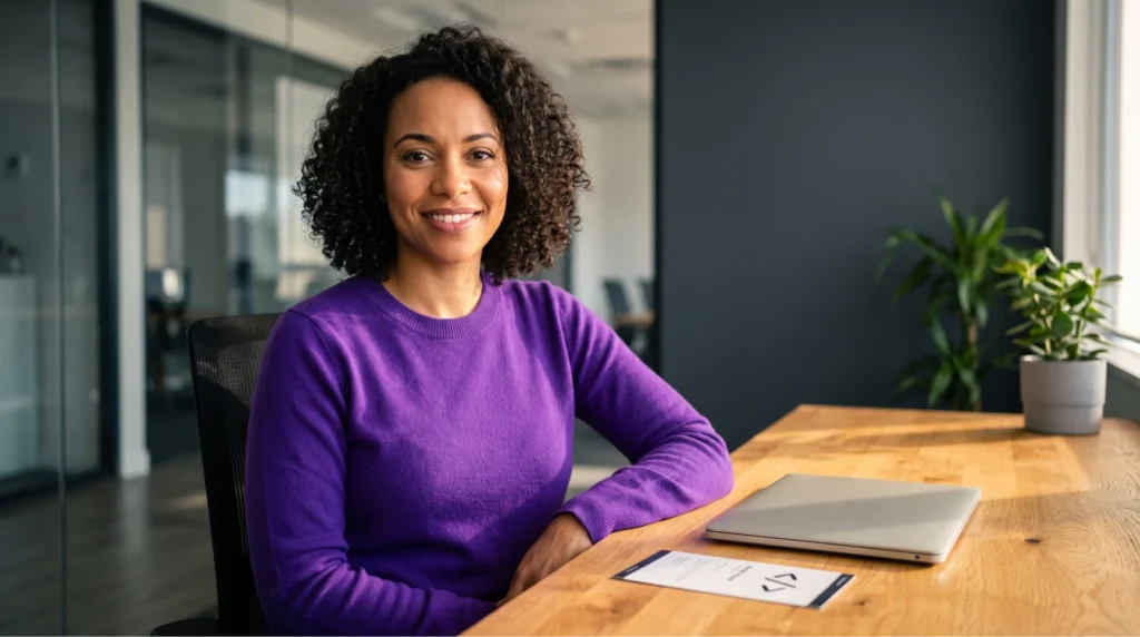 Mulher negra de suéter roxo sorrindo em escritório moderno ao lado de um laptop e de um cartão com o ícone de código de programação, ilustrando estratégias de como contratar desenvolvedores de software de forma eficiente.