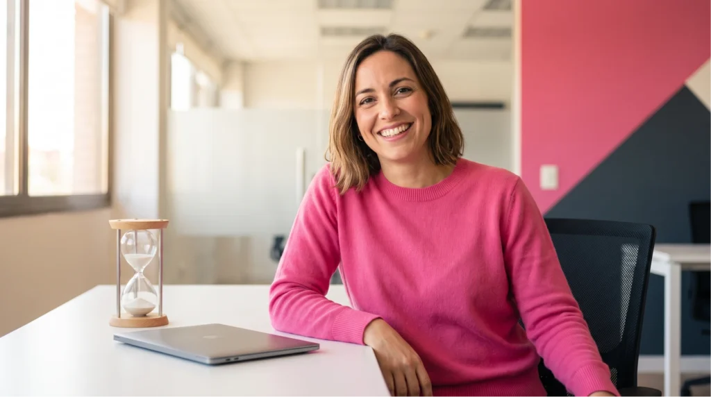 Mulher sorridente de suéter rosa sentada em sua mesa de escritório ao lado de um laptop fechado e de uma ampulheta de madeira que representa o desafio de otimizar processos para reduzir time to hire.