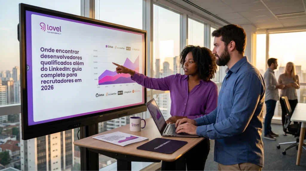 Uma foto de dois profissionais de talent acquisition colaborando em um escritório moderno de tecnologia com vista para a cidade ao pôr do sol. Uma recrutadora negra, vestindo um suéter roxo, está de pé e aponta para uma grande tela sensível ao toque Lovel em um suporte ajustável. Um recrutador masculino, com uma camisa azul, está ao lado dela, usando um laptop na mesa. A tela exibe o título "Onde encontrar desenvolvedores qualificados além do LinkedIn: guia completo para recrutadores em 2026" e um gráfico de área com logos de plataformas de sourcing como GitHub, Stack Overflow, Dev.to e AngelList. A recrutadora está explicando as estratégias de sourcing de candidatos e hunting de profissionais para a contratação de desenvolvedores tech. Na mesa, há um notebook Lovel, uma caneca Lovel, o laptop e um folheto. Outros colegas de trabalho são visíveis no fundo. A cena ilustra o uso de tecnologia ATS e estratégias de recrutamento ágil para reduzir o time to hire. Esta imagem serve como exemplo de employer branding e cultura organizacional focada no mercado de tecnologia e engenharia de software. A Lovel se posiciona como um parceiro de recrutamento e consultoria de recrutamento especializado para startups e empresas tech.