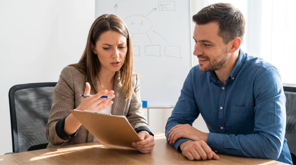 Uma profissional de talent acquisition examina criticamente um documento em uma prancheta durante um processo seletivo, enquanto o candidato observa sorrindo. Ao fundo, um quadro branco com diagramas técnicos sugere um ambiente do mercado de tecnologia ou engenharia de software. A cena ilustra uma entrevista conduzida por um headhunter tecnologia ou consultoria de recrutamento especializado. A etapa de avaliação presencial faz parte de um plano de contratação estruturado para a contratação de desenvolvedores ou contratação de product manager, focando em reduzir o time to hire e garantir a precisão no recrutamento tech para startups.