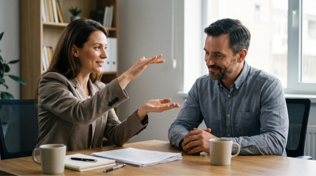 Uma profissional de talent acquisition da consultoria de recrutamento especializado Lovel conversa ativamente com um candidato, possivelmente um engenheiro de software, em um escritório moderno ao pôr do sol. A recrutadora gesticula enquanto o candidato escuta com atenção. Um laptop na mesa exibe código. Ao fundo, o logo da Lovel é visível na parede. A cena ilustra o sourcing de candidatos e o hunting de profissionais para a contratação de desenvolvedores tech, parte de um processo seletivo ágil para reduzir o time to hire no mercado de tecnologia.