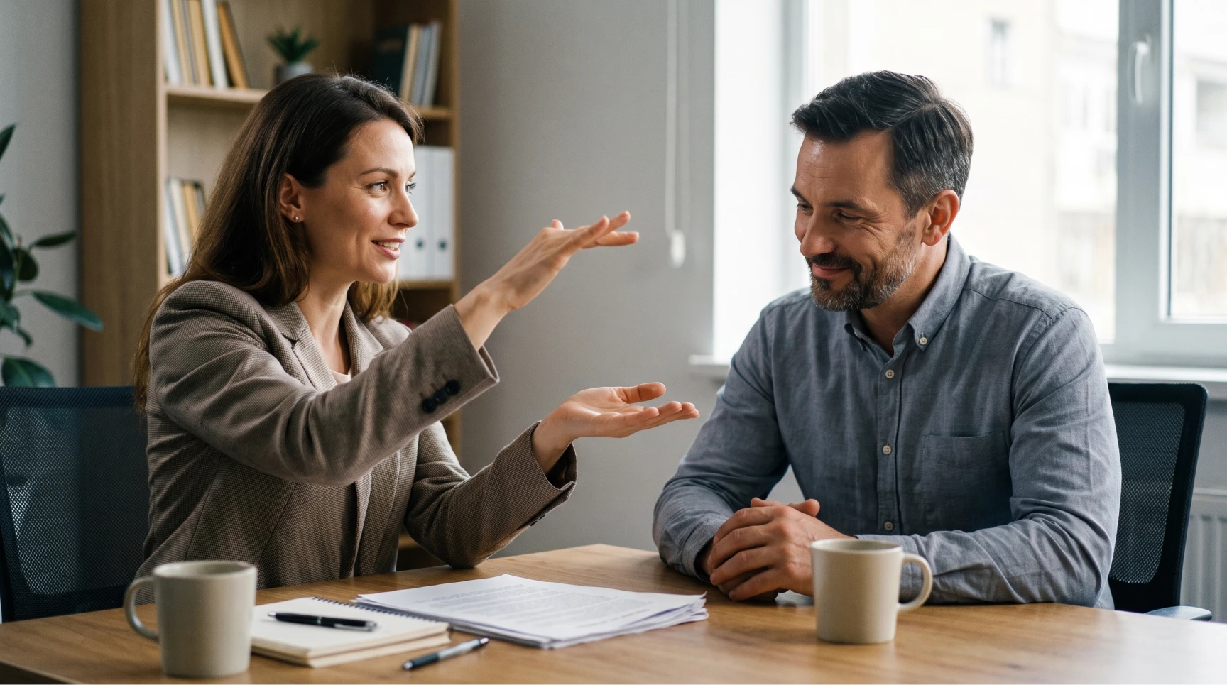 Uma profissional de talent acquisition da consultoria de recrutamento especializado Lovel conversa ativamente com um candidato, possivelmente um engenheiro de software, em um escritório moderno ao pôr do sol. A recrutadora gesticula enquanto o candidato escuta com atenção. Um laptop na mesa exibe código. Ao fundo, o logo da Lovel é visível na parede. A cena ilustra o sourcing de candidatos e o hunting de profissionais para a contratação de desenvolvedores tech, parte de um processo seletivo ágil para reduzir o time to hire no mercado de tecnologia.