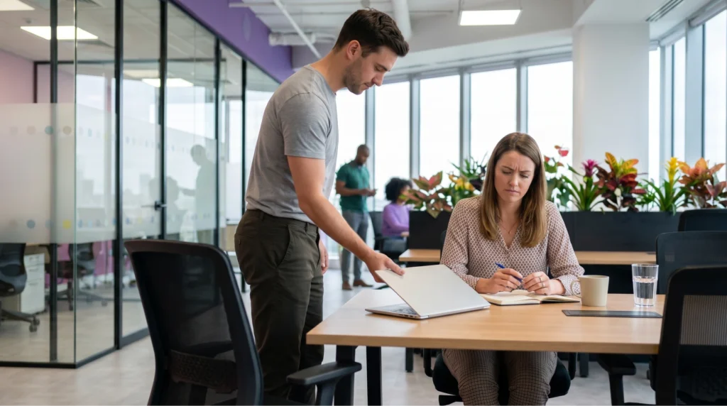 Foto de uma consultora de talent acquisition da consultoria de recrutamento especializado Lovel, com expressão de preocupação, enquanto um desenvolvedor tech com braços cruzados rejeita uma oferta de emprego. Eles estão sentados em um escritório moderno com vista para a cidade. O notebook na mesa mostra código. A imagem ilustra os desafios no processo seletivo e a importância de um parceiro de recrutamento para startups para garantir a retenção de talentos e evitar turnover em um mercado de tecnologia competitivo.