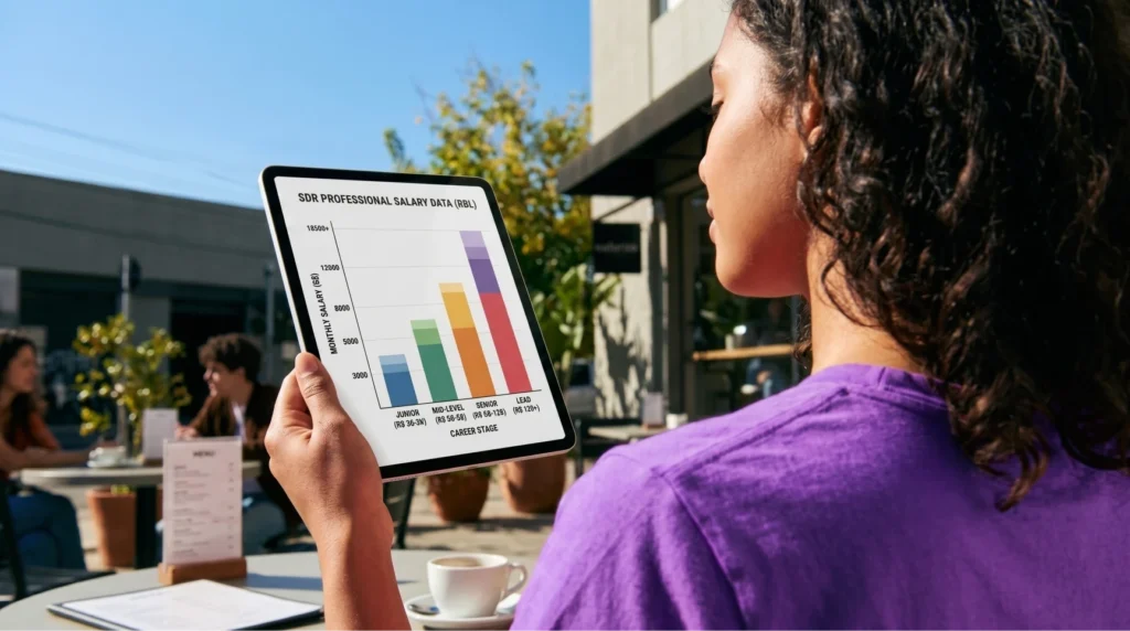 Visão do ombro de uma mulher em uma mesa de café analisando no tablet um gráfico de barras com faixas salariais de SDR por nível de senioridade (Junior a Lead), auxiliando a planejar o salário SDR ideal para estruturar um time comercial SaaS.