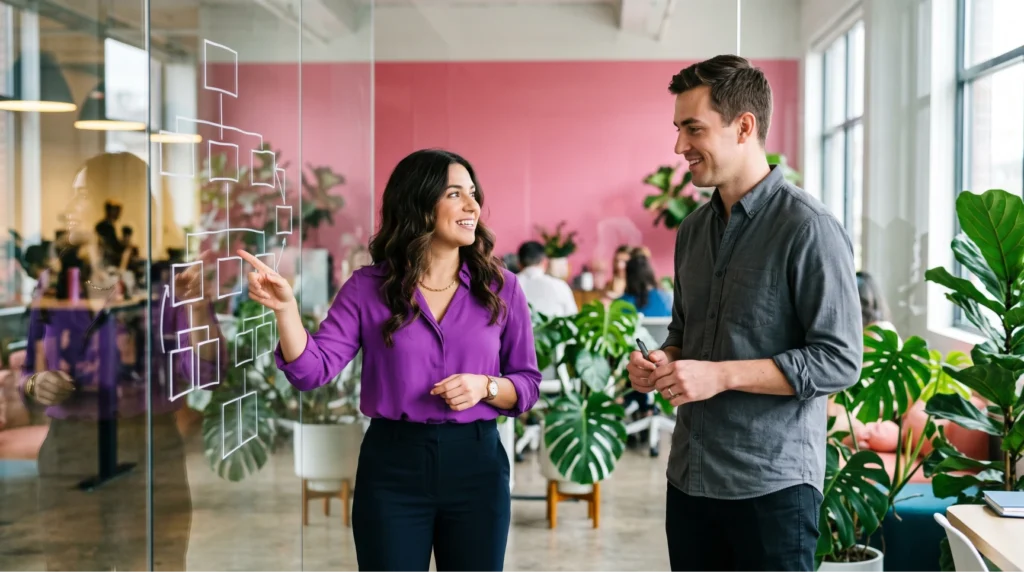 Mulher de camisa roxa e homem de camisa cinza debatem em frente a um painel de vidro com um fluxograma, definindo as metas de headcount planning e as diretrizes de recrutamento para startups em expansão.