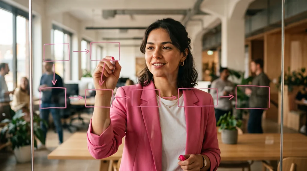Mulher de blazer rosa desenha um fluxograma com caneta rosa em um painel de vidro transparente no escritório, ilustrando o planejamento estratégico envolvido no plano de contratação e no headcount planning da empresa.