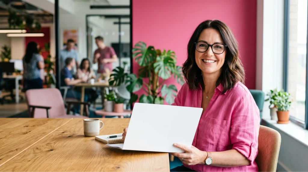 Mulher de óculos e blusa rosa sentada à mesa de escritório sorri enquanto segura uma pasta branca aberta, ilustrando uma apresentação prática sobre o que é talent acquisition e ações de employer branding.