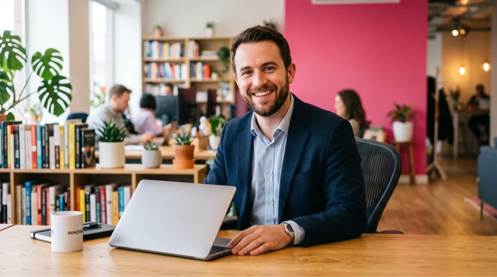 Um homem barbudo e sorridente vestindo blazer azul escuro senta-se atrás de sua mesa com um laptop aberto, representando a figura de um headhunter tecnologia atuando como parceiro de recrutamento de empresas de software.