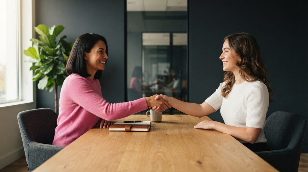 Duas mulheres profissionais trocando um aperto de mão amigável sobre uma mesa de madeira texturizada em um escritório corporativo moderno com paredes cinza escuro.